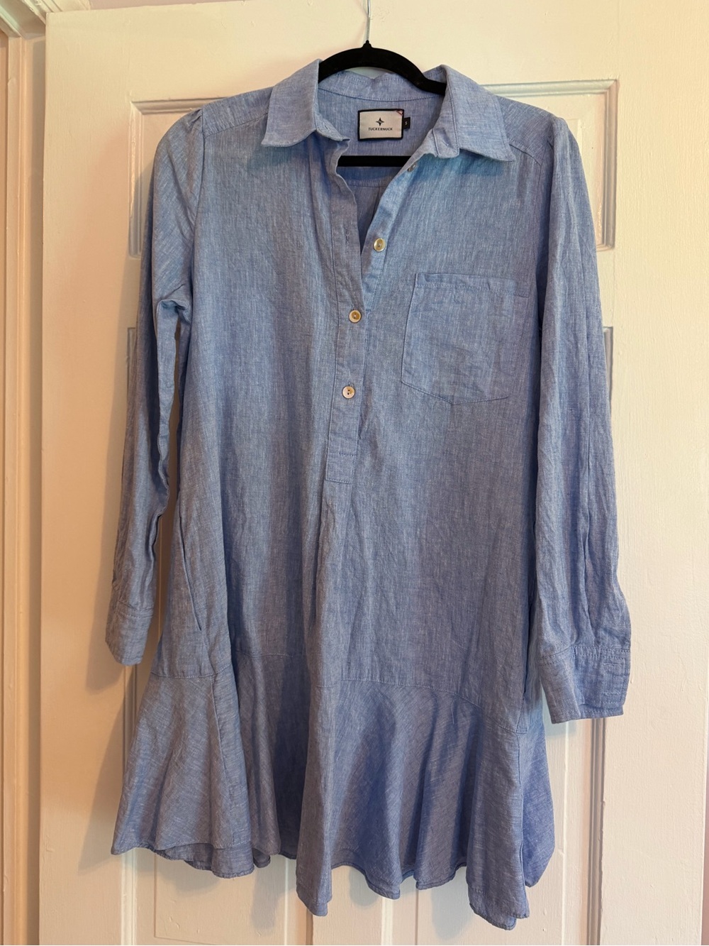 Tuckernuck Chambray Callahan Shirt Dress, Front Button, Collar, S, 100% Cotton